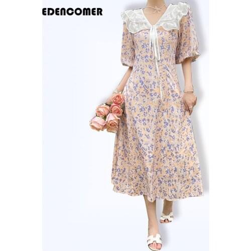 French Romantic Wooden Ear Doll Collar Waist Slimming Floral Dress 2021 Summer Puff Sleeve Long Dresses Sweet Vestido De Mujer