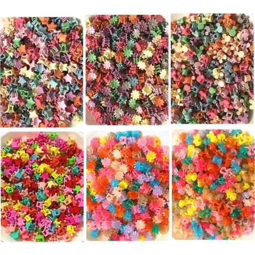 100pcs 1.3cm Mini kids sweet crown hair claws clear rabbit hairgrips mickey Plastic hairpins flower hair clips for ponytail
