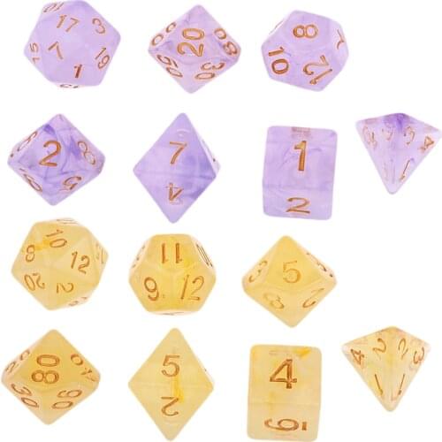 14pcs D4 D6 D8 Polyhedral Dice Family for D& D TRPG Cup Game Purple & Yellow