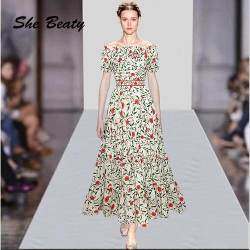 2021 Runway Fashion Midi Dress Women Clothes Sexy Slash Neck Short Sleeve Red Floral Printed A Line Party Vacation Traf Dresses