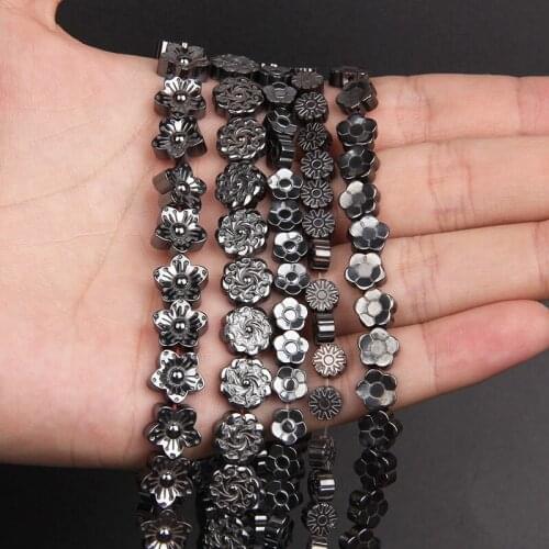 Natural Stone Beads Flower Shape Black Hematite Loose Spacer Bead For DIY Jewelry Making Gothic Bracelet Necklace Earrings 15