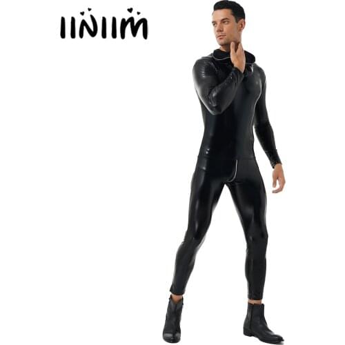 Mens Lingerie Clubwear Zipper Back Patent Leather Hooded Bodysuit Stretchy Skinny Jumpsuits Stage Performance Role Play Costume
