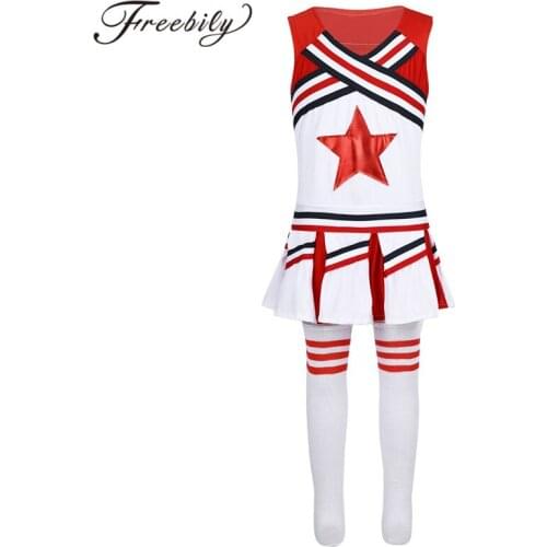 Kids Girls Cheerleader Uniforms Cheerleading Costume Outfit Sleeveless Red Star Applique Tops with Skirt Socks Dancewear Set