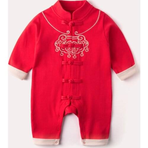 2021 New Kids Clothing For Chinese New Year Tang Suit Baby Boy Girl Lock Print Long Sleeve Romper Infant Jumpsuit Warm Clothes