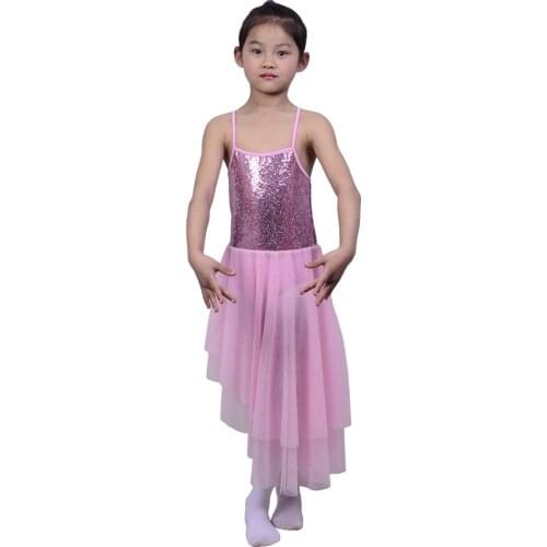 Kids Girls Sequins Ballet Leotard Children Irregular Straps Ballet Tutu Dress Figure Skating Stage Lyrical Dance Costumes