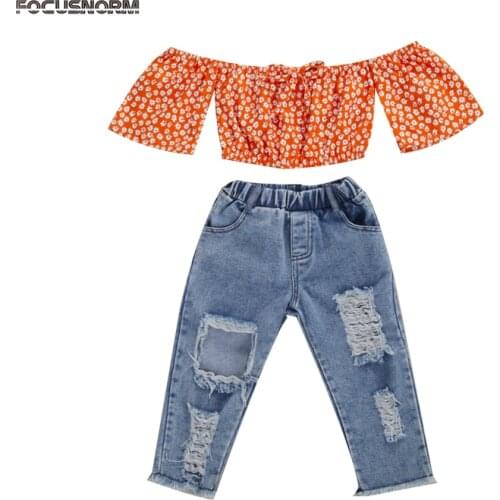 FOCUSNORM Summer Girls Clothes Sets 0-5Y Floral Print Off Shoulder T Shirts Tops Blue Denim Pants 2pcs