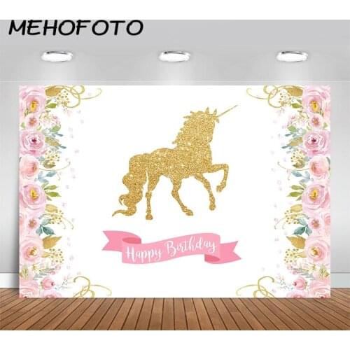 MEHOFOTO Unicorn Birthday Backdrop Baby Girl Unicorn Birthday Photography Background Pink Floral Party Banner for Photo Studio