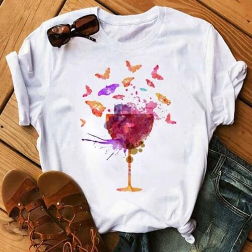 Butterfly and Wine Printed T Shirt New Women T Shirt Fashion Ladies Cute Graphic Tee Tops 90s Female Short Sleeve O-neck T-shirt