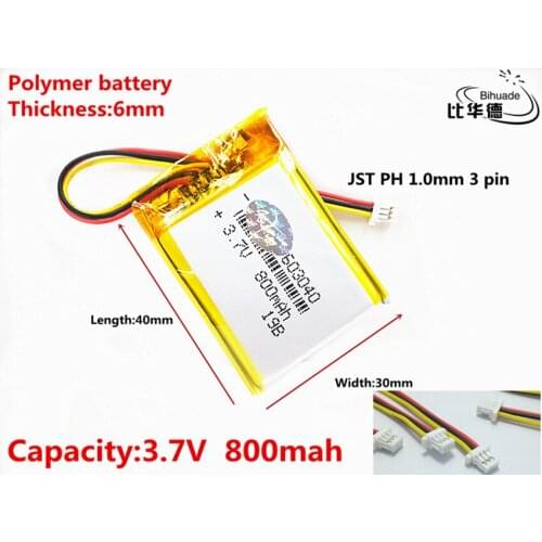 JST PH 1.0mm 3 pin Good Qulity 3.7V,800mAH 603040 Polymer lithium ion / Li-ion battery for tablet pc BANK,GPS,mp3,mp4