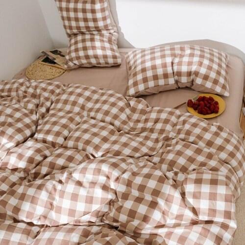 Japanese-Style Skin-Friendly Plaid Four-Piece Set Quilt Cover Bed Sheet Fitted Sheet Four-Piece Set 1.5/1.8 Bedding home