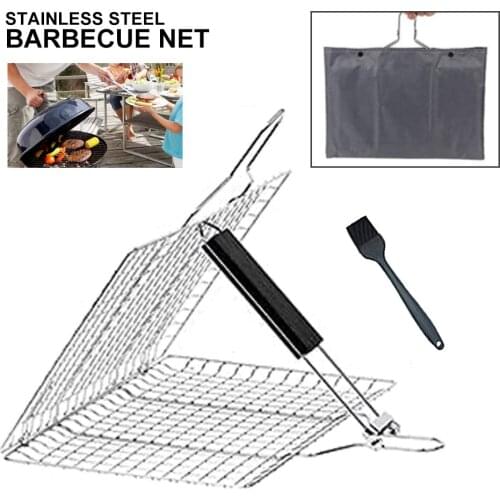 BBQ Grill Basket Stainless Steel Non-stick Barbecue Basket Folding Grill Net Anti-scald Handle Meat Oil Brush Carrying Pouch