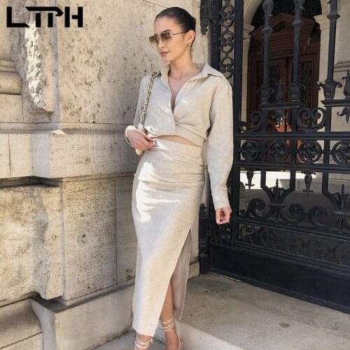 LTPH ins Linen 2 Pieces Set Women Simple Solid Folds Short Shirt Blouse Sexy High Waist Split Skirt Casual Sets 2021 Summer New