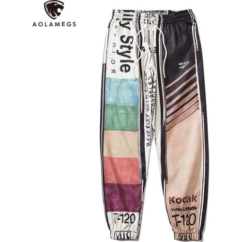 Aolamegs Sweatpants Men Color Block Patchwork Letter Print Men Pants Spring Loose Track Trousers Vintage Harajuku Mens clothing