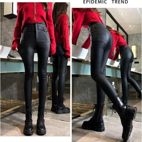 2020 new autumn and winter high waist velvet thickened outer wear leggings matte pu imitation leather skinny pants KZ522