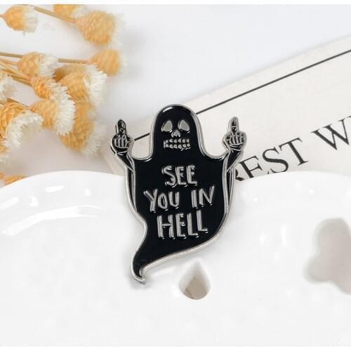 Originality Black Ghost Middle Finger Enamel Pin See you in hell Badge Brooches Bag Clothes Lapel pin Funny Punk Gothic Jewelry