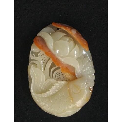 YIZHU CULTUER ART 100% Natural China Jade Hand-carved Exquisite Pendant Necklace Fish Lotus Amulet Gift