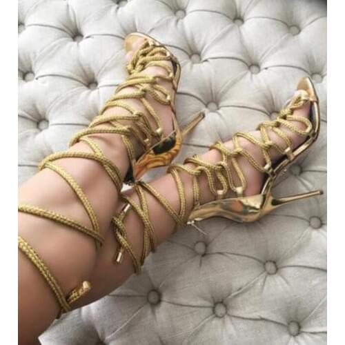 Sexy Gold Rope Gladiator Sandals Design Strap Cross Lace-up High Heeled Women Sandals Fashion Dress Shoes Plus Size 10