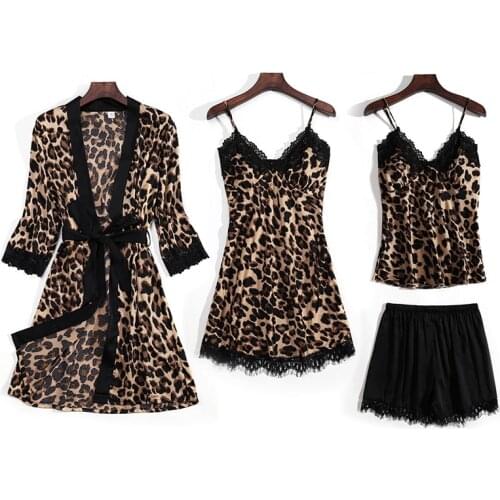 Pyjamas Women Set Home Sling Nightdress Pajamas Summer Sexy Leopard Print Four Piece Korean Ice Silk Sling Female Chest Pad