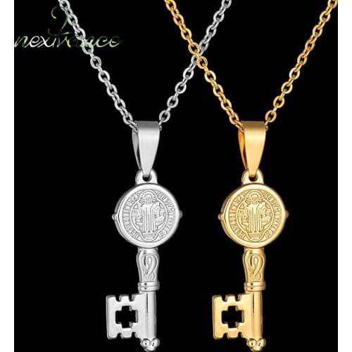 Nextvance Retro Saint Benedict Medal Key Pendants Necklaces for Women Girl Christian Stainless Steel Catholic Church Jewelry