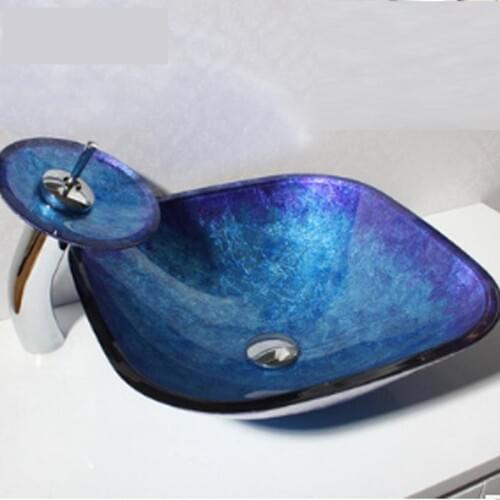 LUXURY BLUE Glass basin sink bowl with MATCHING glass WATERFALL Tap Bathroom