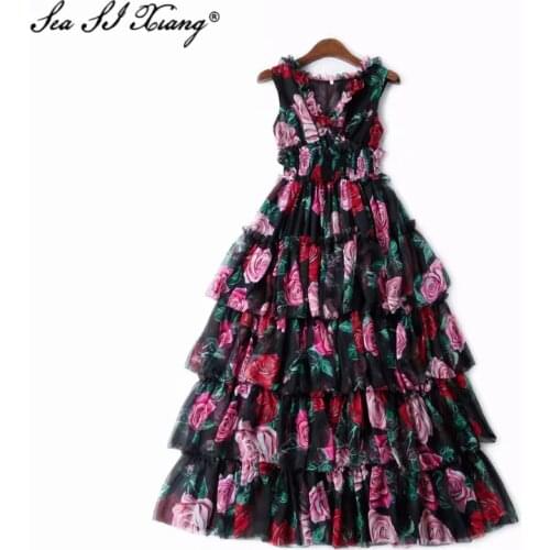 Seasixiang Fashion Designer Summer Chiffon Dress Women V-neck Floral Print Cascading Ruffle Elastic waist Vacation Long Dresses