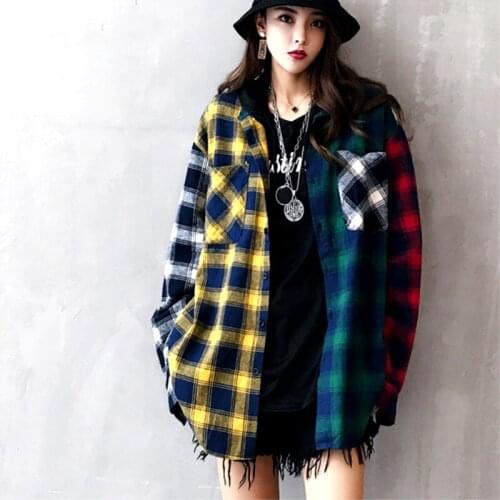 Spring Summer Tops Plaid Shirts Blouses Women Tartan Shirt Long Sleeve Baggy Check Spliced Blouse Oversized female tunics CC246