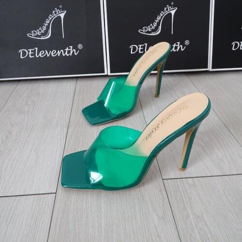 DEleventh Shoes PVC Jelly Sandals Square Peep Toe High Heel Women Transparent Slippers Thin Heel Clear Sandals sapatos femininos