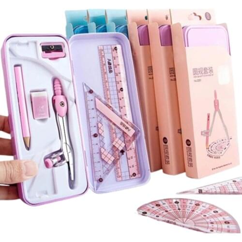 8pcs/set Iron Packaging Compasses Ruler Kawaii Stationery Set Math Geometry Tools For Students to Draw School Office Supplies