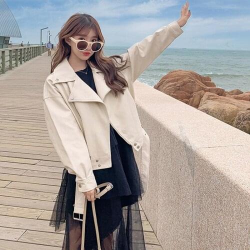 Aibeautyer Spring Autumn Women Lapel Black Motorcycle Jackets Punk Coat Vintage Zipper Outwear Faux Leather Short Jacket