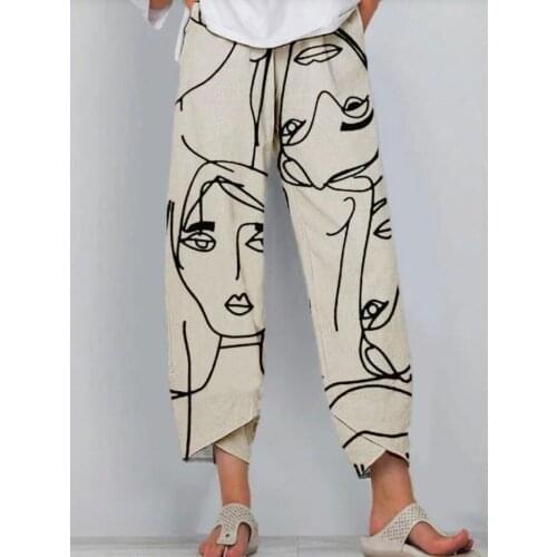 Woman Pants Spring and Summer Fashion High-waisted Trousers Gray Print Womens Pants Loose Ankle-Length Pants Donsignet