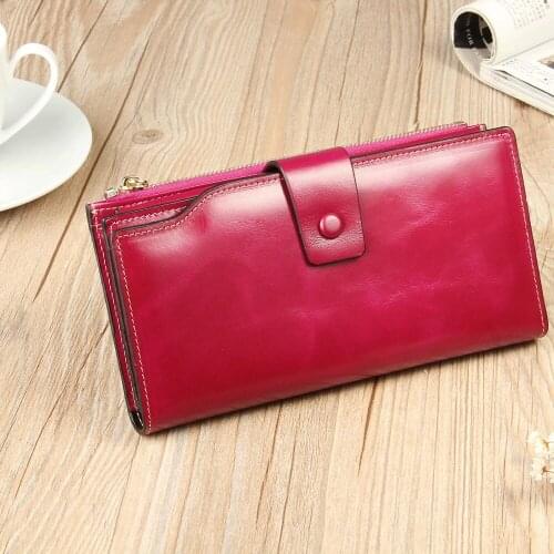 Womens Wallet RFID Blocking Large Capacity Luxury Waxed Genuine Leather Clutch Wallet Multi Card Organizer Card Case