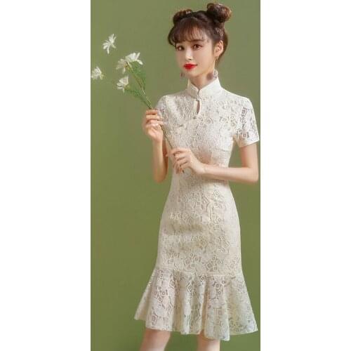 Fish tail cheongsam dress womens 2021 new summer short lace daily young girl Chinese style