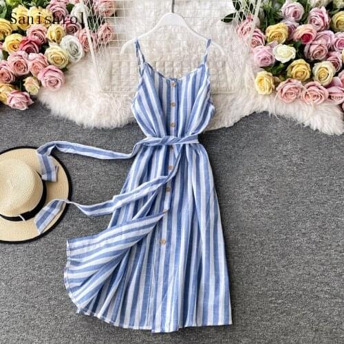 Sanishroly Women Long Sleeveless Sexy V Neck Split Belt Tie Striped Dress Female Single Breasted Camisole Dresses Vestidos CD159