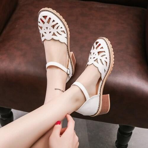 Womens Ladies Fashion Casual Daily Hollow Out Square Heel Leather Shoes Sandals Ladies Sandalias De Verano Para Mujer