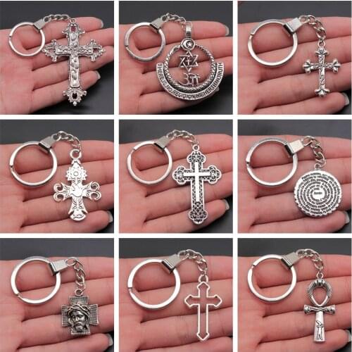 Vintage Antique Silver Color Metal Alloy Christian Religion Cross Key Ring Keychain Jesus Cross Key Chain Jewelry Accessories