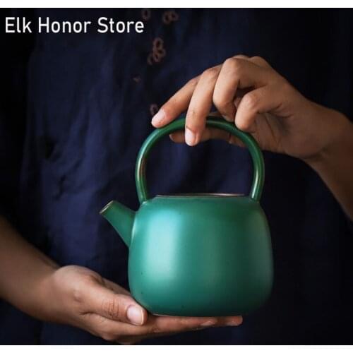 480ml Japanese Style Ceramic Handle Teapots Blackish Green Coarse Big Capacity Teakettle Loop-handled Teapot Household Drinkware