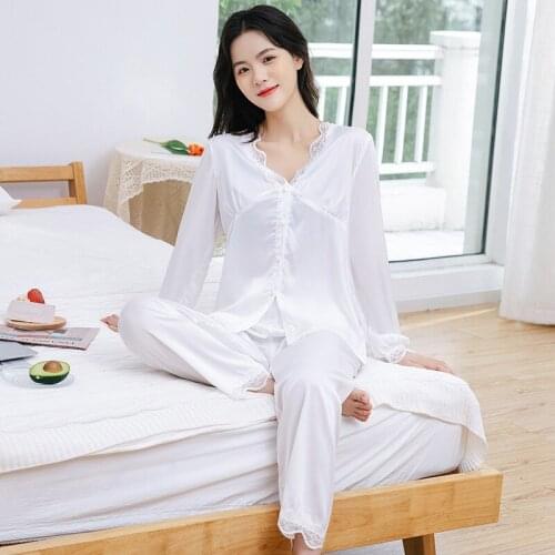 Spring Autumn Home Wear Lace Womens Pajamas Suit Sexy Nightwear V-neck Ice Silk Sleepwear Female Sleeping Wear Lounge Sets