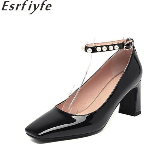 ESRFIYFE 2021 New Brand Ankle Straps Women Pumps Sexy Square Toe Pumps Patent Leather Ladies High Heels Shoes Large Size 34-48