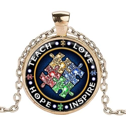 Geometric Puzzle Cabochon Glass Necklace Hope Education Love Inspires New Era Three-dimensional Thinking Endant