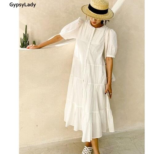 GypsyLady Loose White Casual Midi Dress 100% Cotton Summer Holiday Dress Puff Sleeve Chic Ladies Women Female Dresses 2021
