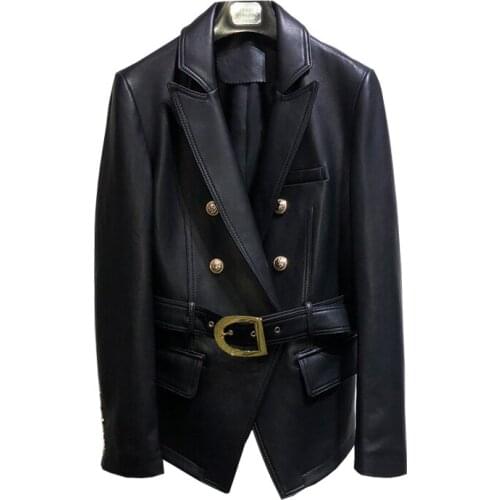 Arrival New 2021 Genuine Leather Jacket With Belt Women Coat Spring Double Breasted Slim Style Clothes Turn-Down Collar
