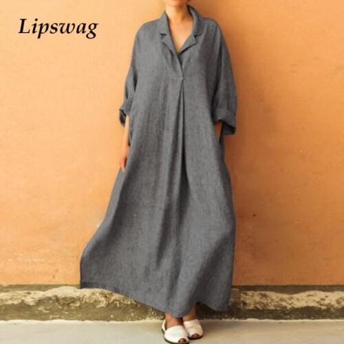 Lipswag Casual Loose Solid Cotton Linen Dress Women New Spring Summer Long Sleeve Pocket Party Dress Vintage Shirt Dresses