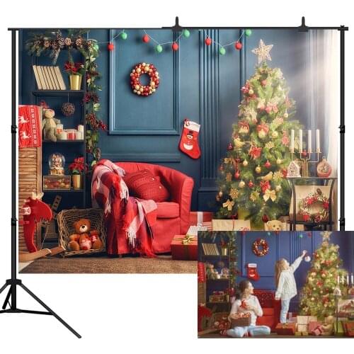 Lyavshi Christmas Backdrop blue wall Christmas Tree Photography Background Gift Bear Sofa Indoor Decor Portrait Backdrops