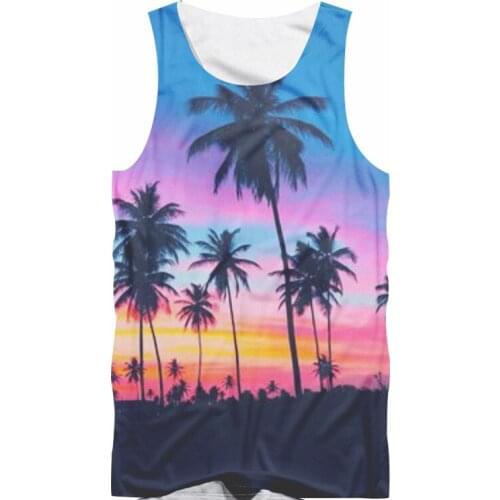 Tropical Style Men Women Tank Tops Fashion 3D Print Sunset Beach Palm Tree Sleeveless Hipster Vest Mens Cool Streetwear Vest