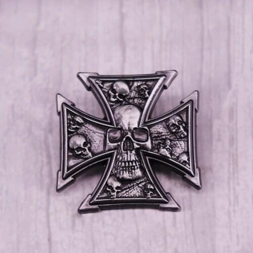 Lethal Threat Silver Iron Cross Skull Badge Pin Retro Punk Metal Brooch
