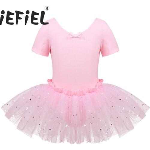 Cute Girls U-shaped Back Shiny Stars Sequins Mesh Ballet Dance Gymnastics Leotard Tulle Tutu Dress for Kids Dancer Perfprmance