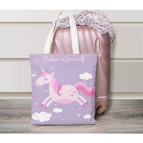 New Unicorn Pattern Canvas Handbag Girl Book Bag Pink Cute Cartoon Large Capacity Shopping Bag Travel Bag Female Shoulder Bag
