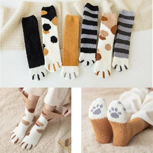 2pcs plush coral fleece socks female tube socks autumn and winter cat claws cute thick warm sleeping floor sleep socks lady