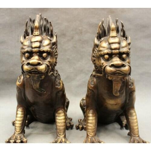 Wholesale factory 12" Chinese Pure Bronze FengShui Dragon Unicorn Guard Kylin Beast Statue Pair 25% off