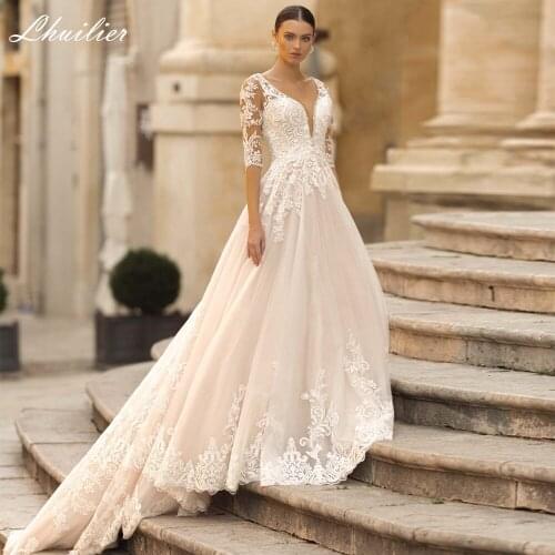 Lhuilier A-line V Neck Half Sleeves Tulle Wedding Dresses 2020 Floor Length Lace Appliques Sheer Back Court Train Bridal Dress